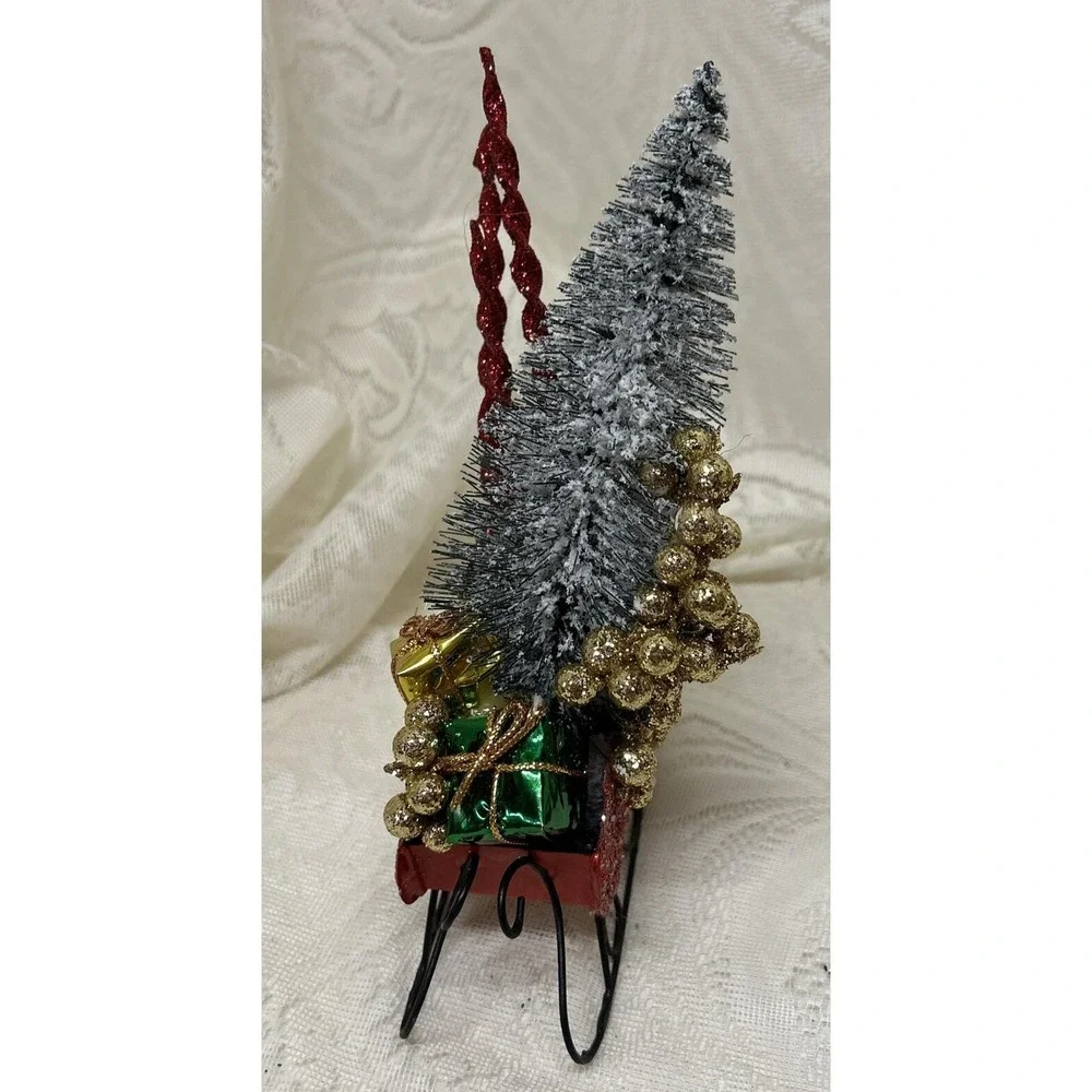 Vintage Tin Dept. 56 Sleigh‎ Red Glitter Brush Tree Christmas Assemblage Display